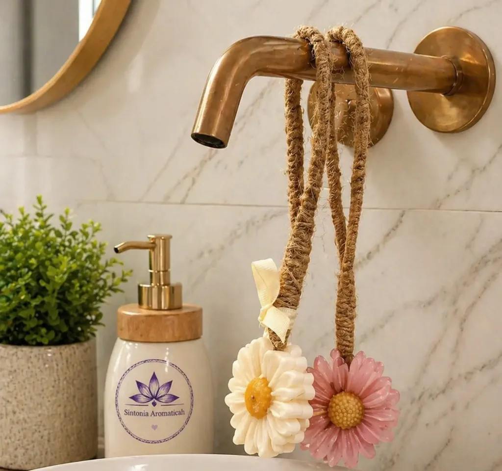 Dois sabonetes em forma de flor, um branco e um rosa, pendurados por um cordão de fibra na torneira, ao lado de uma saboneteira com o logo da Sintonia Aromaticah